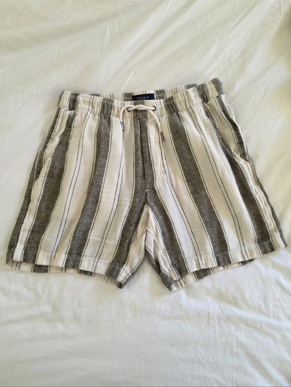 American Eagle Outfitters Striped Drawstring Shorts in Beige and Olive
